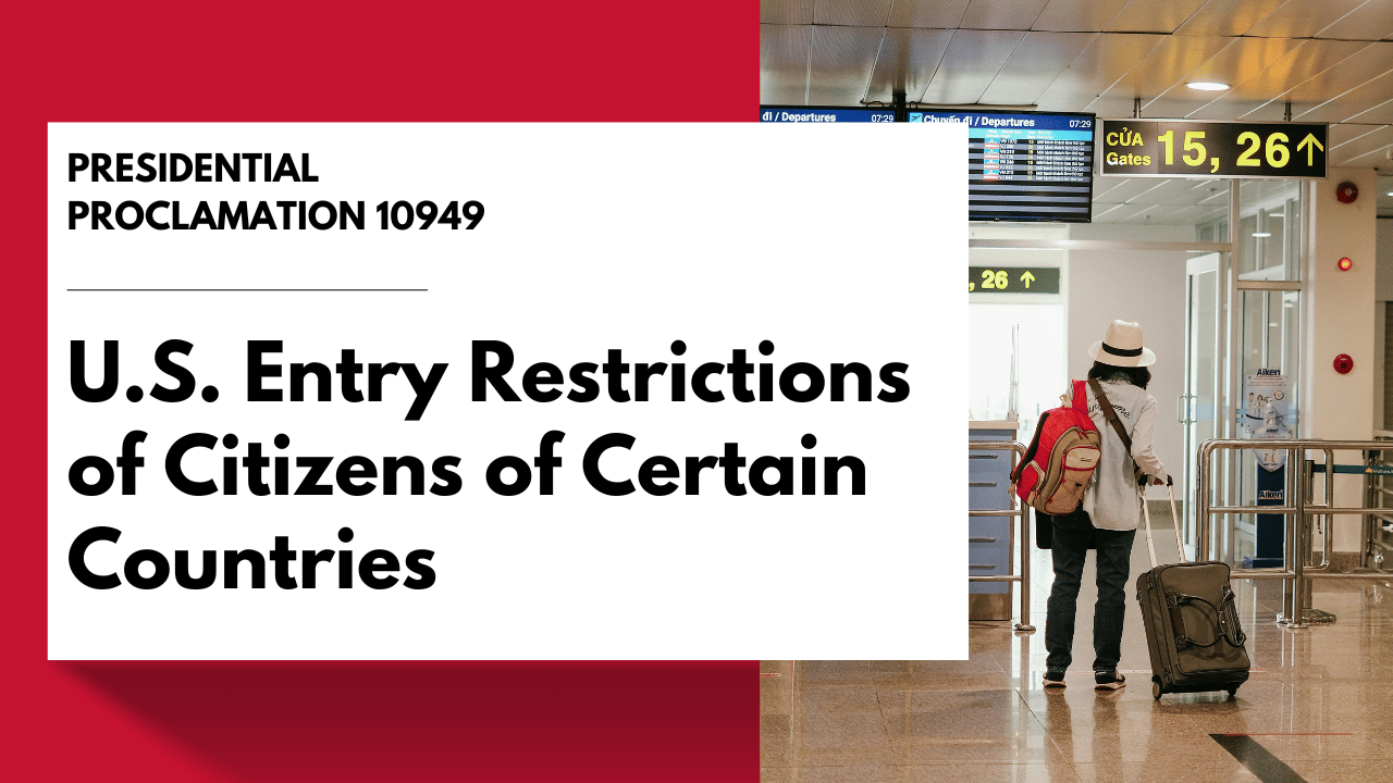 Title: U.S. Entry Restrictions for Citizens of Certain Countries. Image: Individual with suitcase at airport.