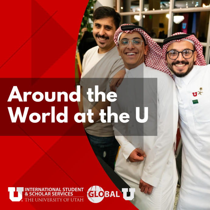 Around the World at the U Flyer with an image of students smiling together