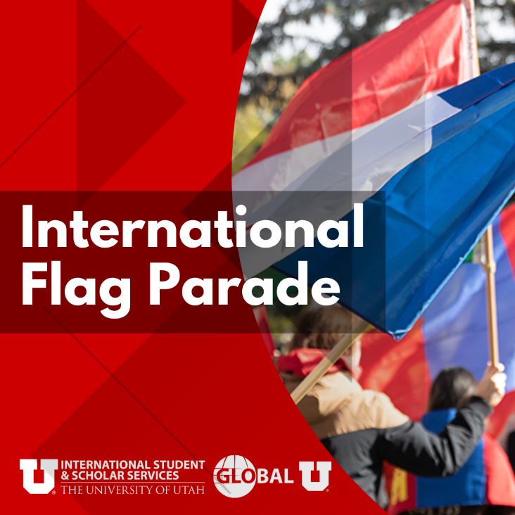 Flag parade flyer with an image of students holding international flags.